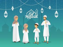 Eid mubarak greeting card. Cartoon muslim family blessing Eid al fitr on blue background. vector illustration.