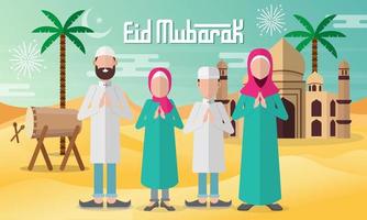 Eid Mubarak greeting card in flat style vector illustration with moslem family character.