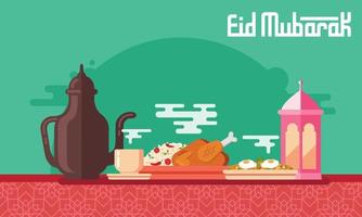 Eid Mubarak greeting card in flat style vector illustration with arabic coffee pot and cup, kabsa, shakshuka and lantern