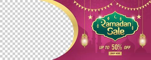 Ramadan Sale, web header or banner design with golden shiny frame, arabic lanterns and space for image vector