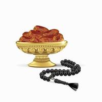 Classic arabic bowl of dates with islamic rosary breads isolated on white background. ramadan fasting simbol vector