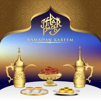 Iftar party celebration foods with teapot set and bowl of dates on dinner table. iftar party invitation card. vector