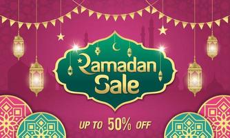 Ramadan Sale, web header or banner design with golden shiny frame, arabic lanterns and Islamic Ornament vector