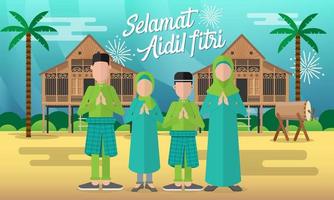 Selamat hari raya aidil fitri greeting card in flat style vector illustration with moslem family character.