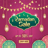 Ramadan Sale, web header or banner design with golden shiny frame, arabic lanterns and Islamic Ornament on purple background vector