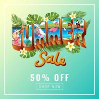 banner de venta de verano con estilo de postal de vacaciones de verano vintage y fondo de hojas tropicales vector