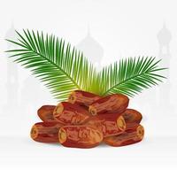 Date fruits with palm leaves isolated on white background. ramadan iftar food vector