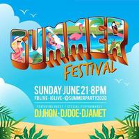 Summer festival banner with vintage tropical lettering postcard style and beach background. vector