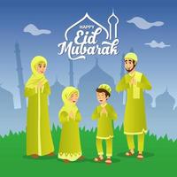 tarjeta de felicitación eid mubarak. familia musulmana de dibujos animados celebrando eid al fitr con mezquita como fondo. ilustración vectorial vector