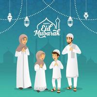 Eid mubarak greeting card. Cartoon muslim family blessing Eid al fitr on blue background. vector illustration.