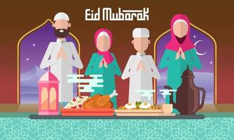 Eid Mubarak greeting card in flat style vector illustration.