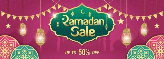 Ramadan Sale, web header or banner design with golden shiny frame, arabic lanterns and Islamic Ornament