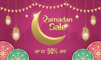 Ramadan Sale, web header or banner design with golden crescent moon, arabic lanterns and islamic ornament on purple background vector