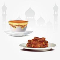 Dates fruits with arabic tea cup isolated on white background. ramadan iftar food. vector