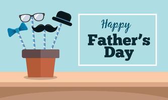 tarjeta de felicitación del día del padre feliz con maoustache, sombrero, anteojos y corbata en diseño plano vector
