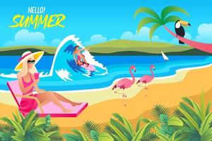 Hello Summer greeting card with girl, surfer, flamingo, palm tree on beach. vector