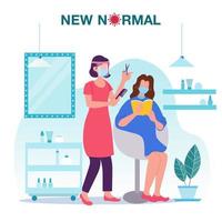 nueva ilustración conceptual normal con una peluquera que usa un protector facial y una máscara que corta el cabello para el cliente en la prevención de brotes de enfermedades en la peluquería. vector
