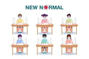 nueva ilustración conceptual normal con niños que usan máscara facial y distanciamiento social protegen el brote de la enfermedad covid-19 vector