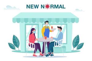 New normal concept illustration with male and female sitting at outdoor cafe or restaurant tables with face mask prevention from disease outbreak vector