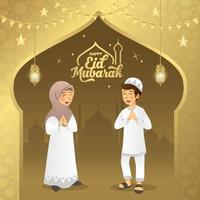 Eid mubarak greeting card. Cartoon muslim kids blessing Eid al fitr on gold background. vector illustration.