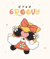 cute groovy retro gnomes girl cartoon outline drawing vector greeting card
