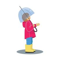 Little boy with an umbrella. Boy wearing  a red raincoat and yellow rubber boots. Cartoon vector illustration on white background.