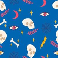 Seamless pattern with skull, bone, eye, moon, stars, spider web. Vector illustration.