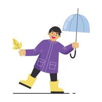 Boy with an umbrella and an autumn leaf. Boy wearing a raincoat and yellow rubber boots. Cartoon vector illustration on white background.