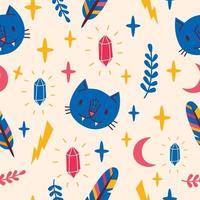 Seamless pattern with blue cat , moon, crystal. Vector illustration.