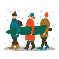 People carrying Christmas tree. Merry people with fir tree outdoors. Flat vector illustration.