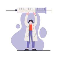 Woman doctor holds large syringe with vaccine. Doctor prevents epidemic. Vaccination concept. Flat vector illustration.