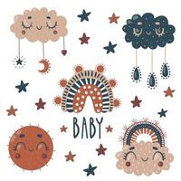Set for baby print. Cute clouds, sun,rainbow. Letterng BABY. Vector illustration.