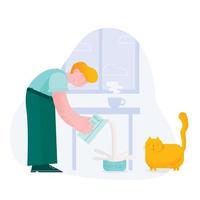 A man feeds his cat. Flat vector illustration.