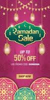 Ramadan Sale, web header or banner design with golden shiny frame, arabic lanterns and Islamic Ornament vector