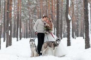 Cheerful bride and groom with two siberian husky are posed on background of snowy forest. photo