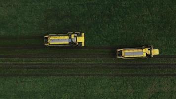 Aerial top down view of two harvesters on green field