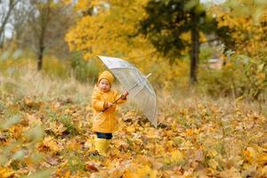 A little girl walks with an umbrella in yellow rubber boots and a waterproof raincoat. Autumn Walk.