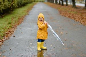 A little girl walks with an umbrella in yellow rubber boots and a waterproof raincoat. Autumn Walk. photo