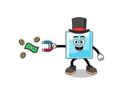 ilustración de personaje de bloque de hielo atrapando dinero con un imán vector