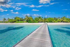 Amazing beach scene, long jetty into the palm trees. Maldives, paradise beach background, design banner. photo