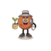 Illustration of meatball cartoon holding a plant seed vector