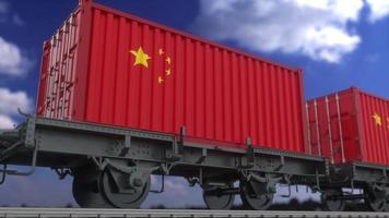 Containers with the flag of China. Railway transportation. 3d rendering photo