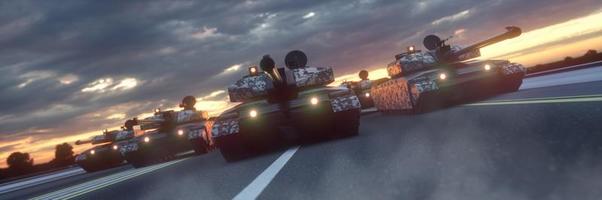 War in the ruined city. Military tanks in the city. 3d rendering photo