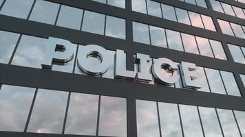 Police sign on a modern glass skyscraper. Police glass building. 3d rendering photo