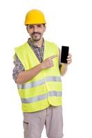 Cheerful male engineer with smartphone photo