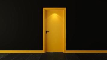 puerta de madera amarilla con renderizado 3d de pared negra oscura foto