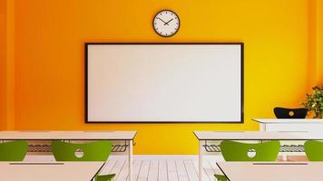 Empty interior of classic school classrooms with white chalk on the yellow wall 3D rendering photo