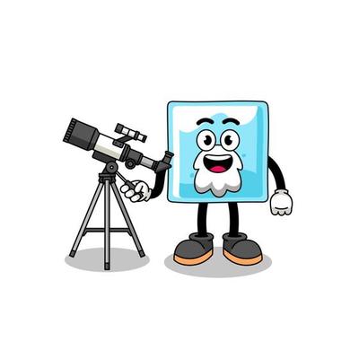 Illustration of ice block mascot as an astronomer