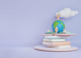 3d children book illustration background with the child read on globe photo