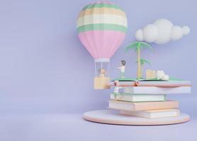 3d children book illustration background with the child ride hot air balloon photo